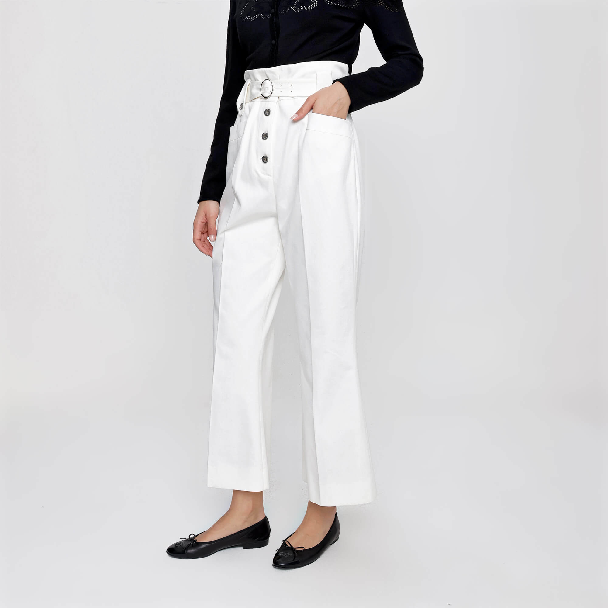 Miu Miu - White Cotton Button Fastening Flared Pants With Adjustable Belt